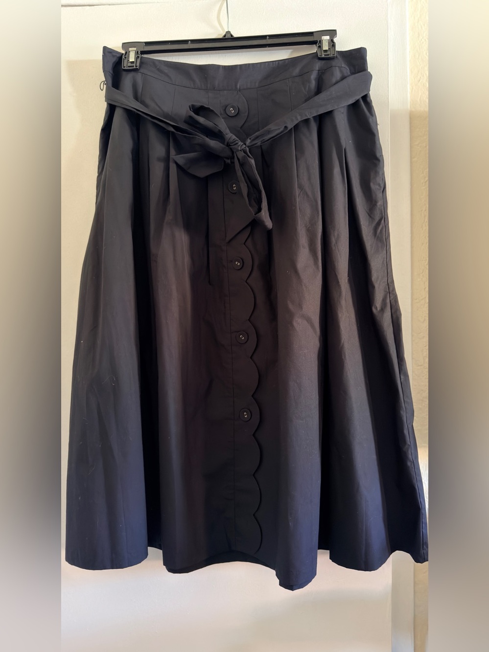 Talbots Black A-Line Skirt with Scalloped Button Placket and Self-Tie Waist